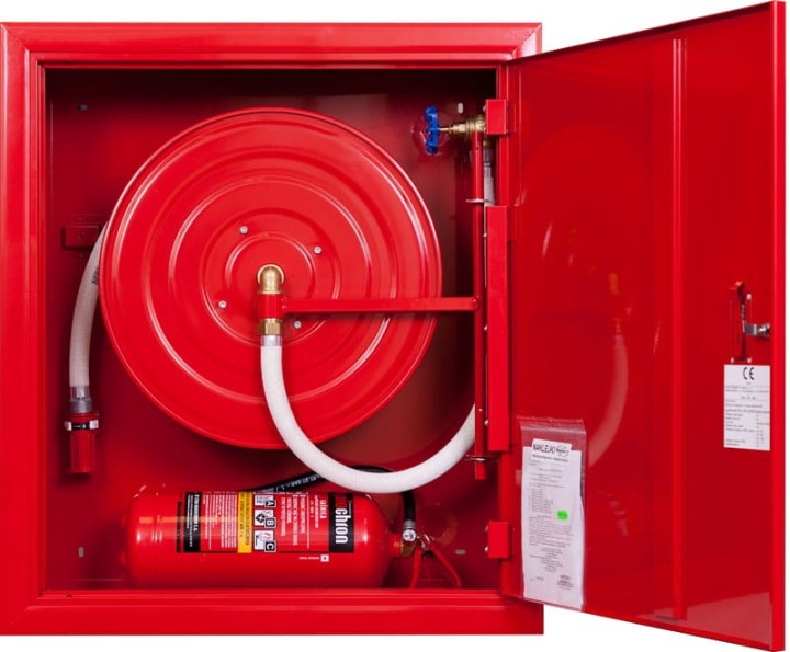 Hydrant wewnętrzny W25/30G wertykalny, wnękowy (podtynkowy) z wężem półsztywnym 25mm dł. 30m i miejscem na gaśnicę