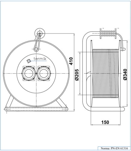 Przedłużacz zwijany 3-fazowy 30m, IP-55, 2x400V, guma 5x2.5, termik, max 11KW