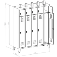 Szafka ubraniowa MDP STRN400/5 na nogach, pięcioosobowa, wymiary